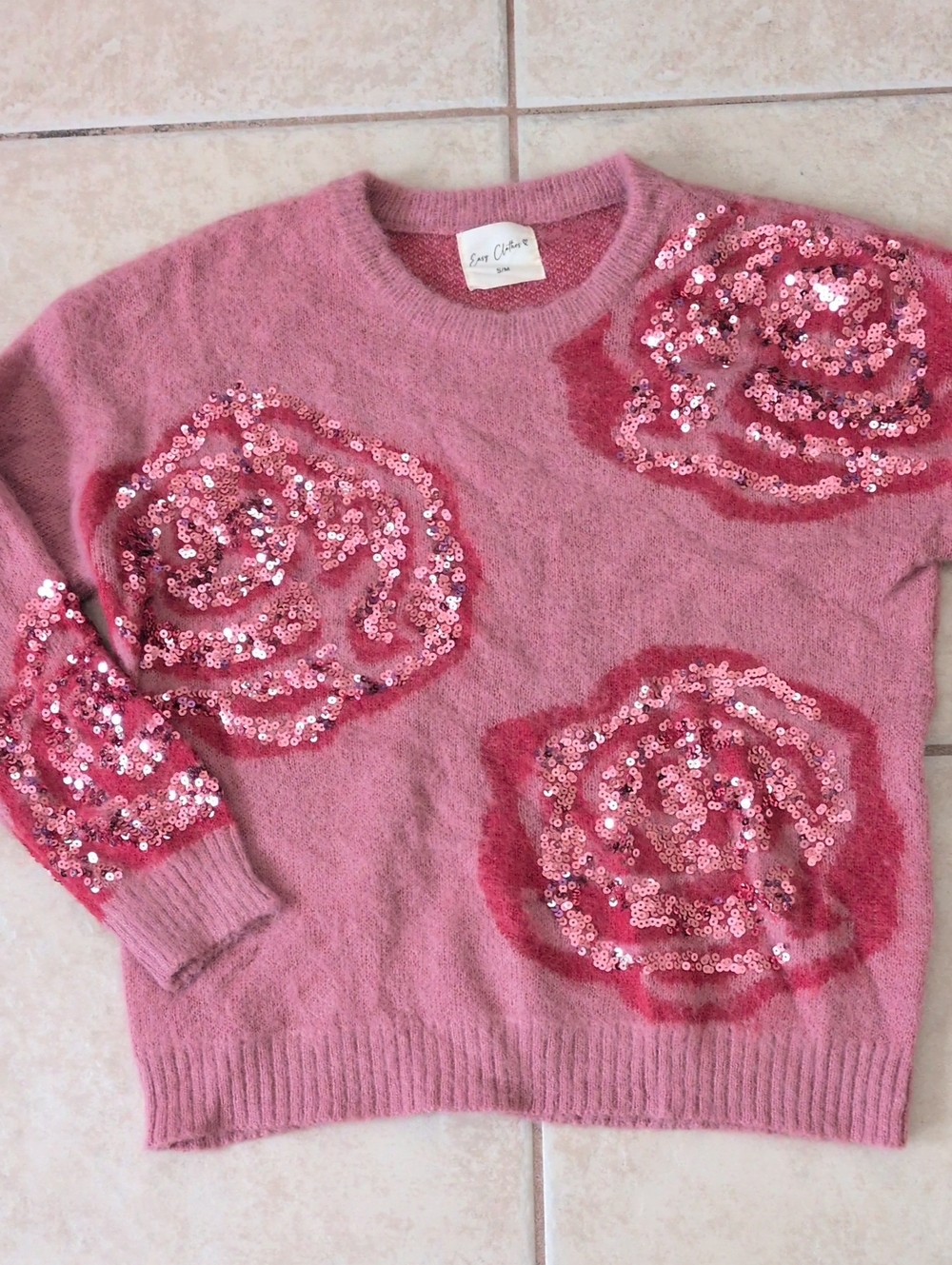 Easy Clothes Pink Sequin Rose Fuzzy Knit Crewneck Sweater Size S/M